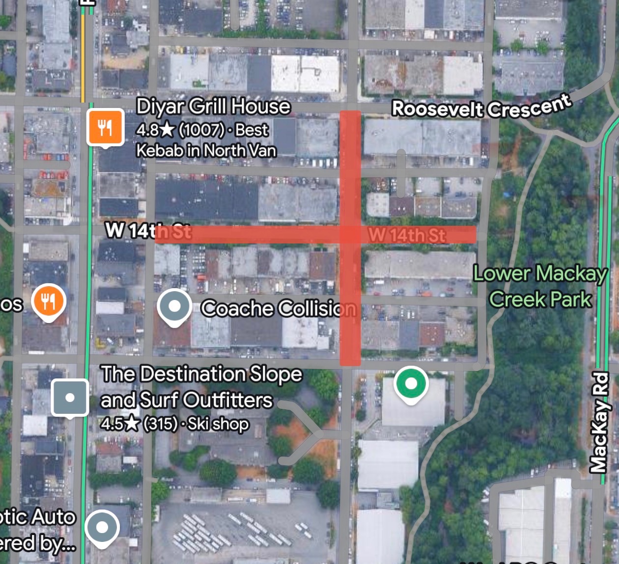 Satellite map of the Block Party Car Show location at Lloyd Avenue and West 14th Street, North Vancouver