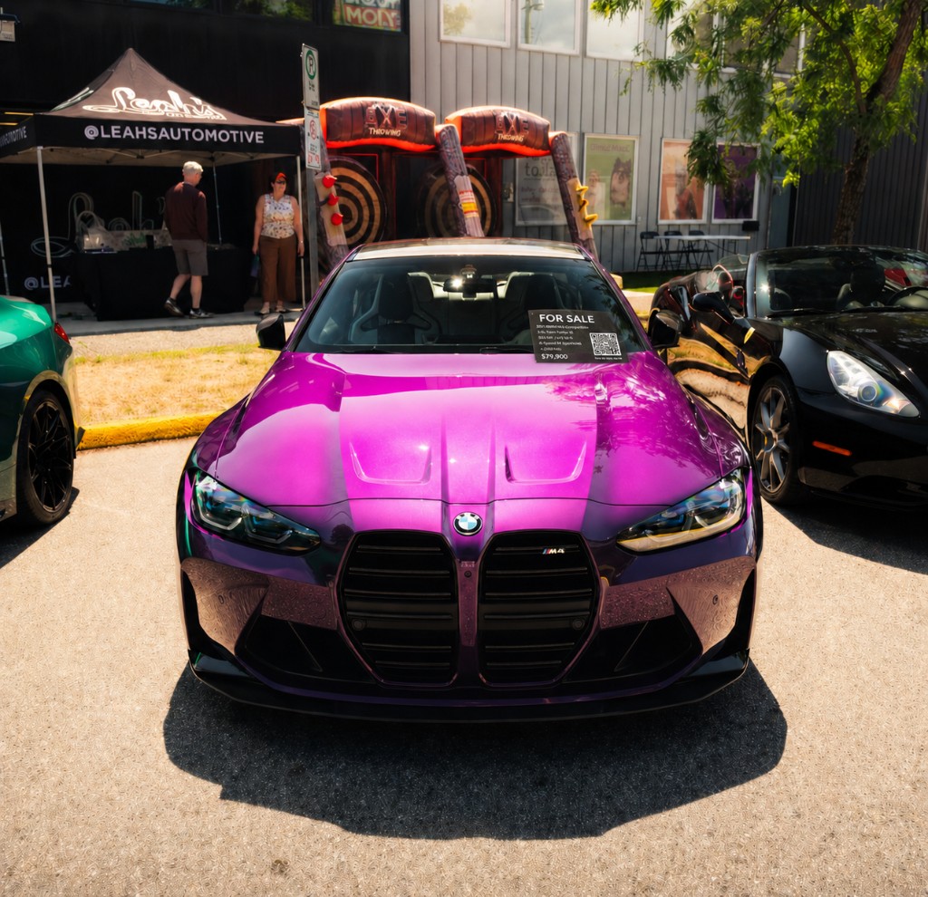 Purple BMW M4 Competition listed for sale at a Nova event