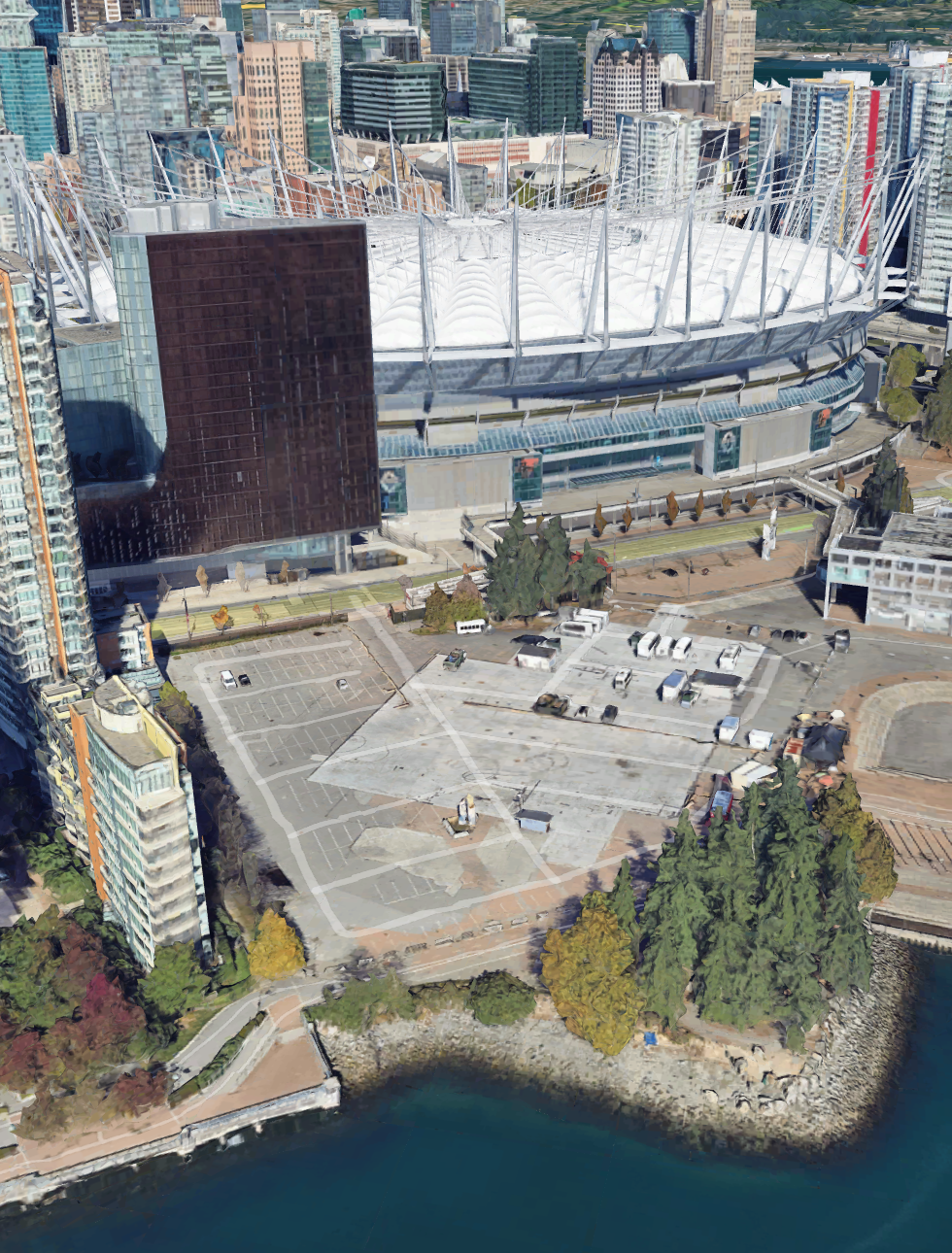 Aerial view of Plaza of Nations beside BC Place in Vancouver