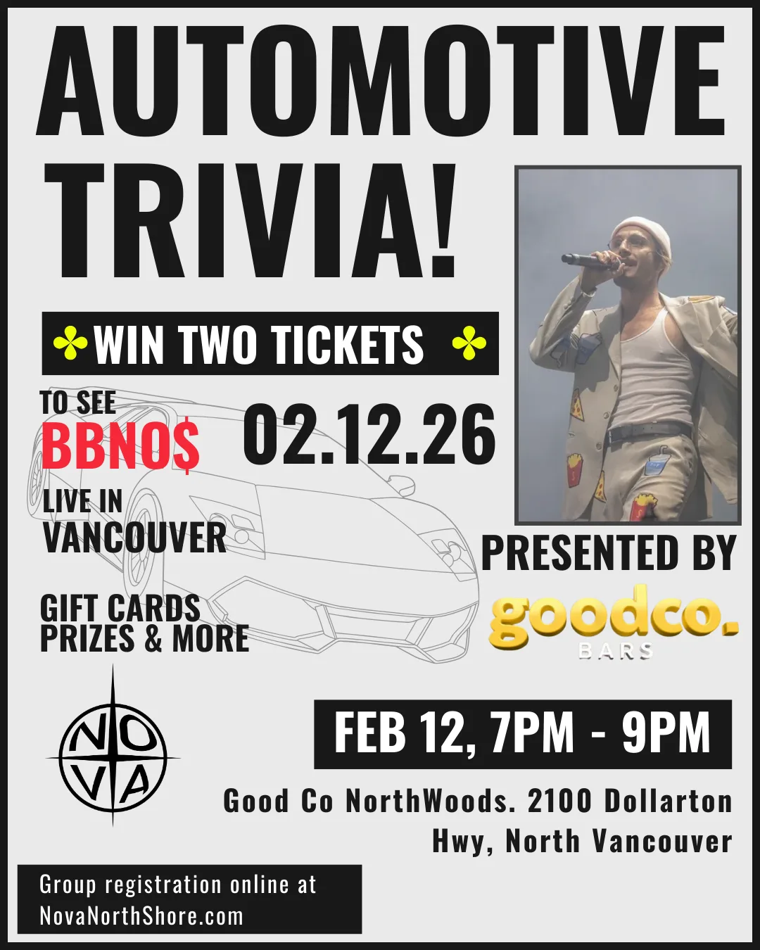 Nova automotive trivia event poster presented by Good Co Bars
