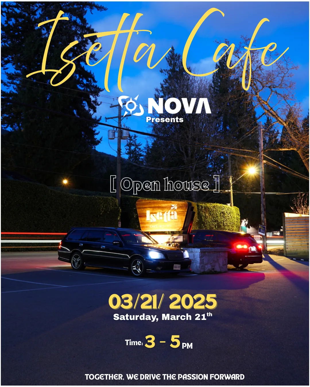 Nova Isetta Cafe open house event poster for March 21