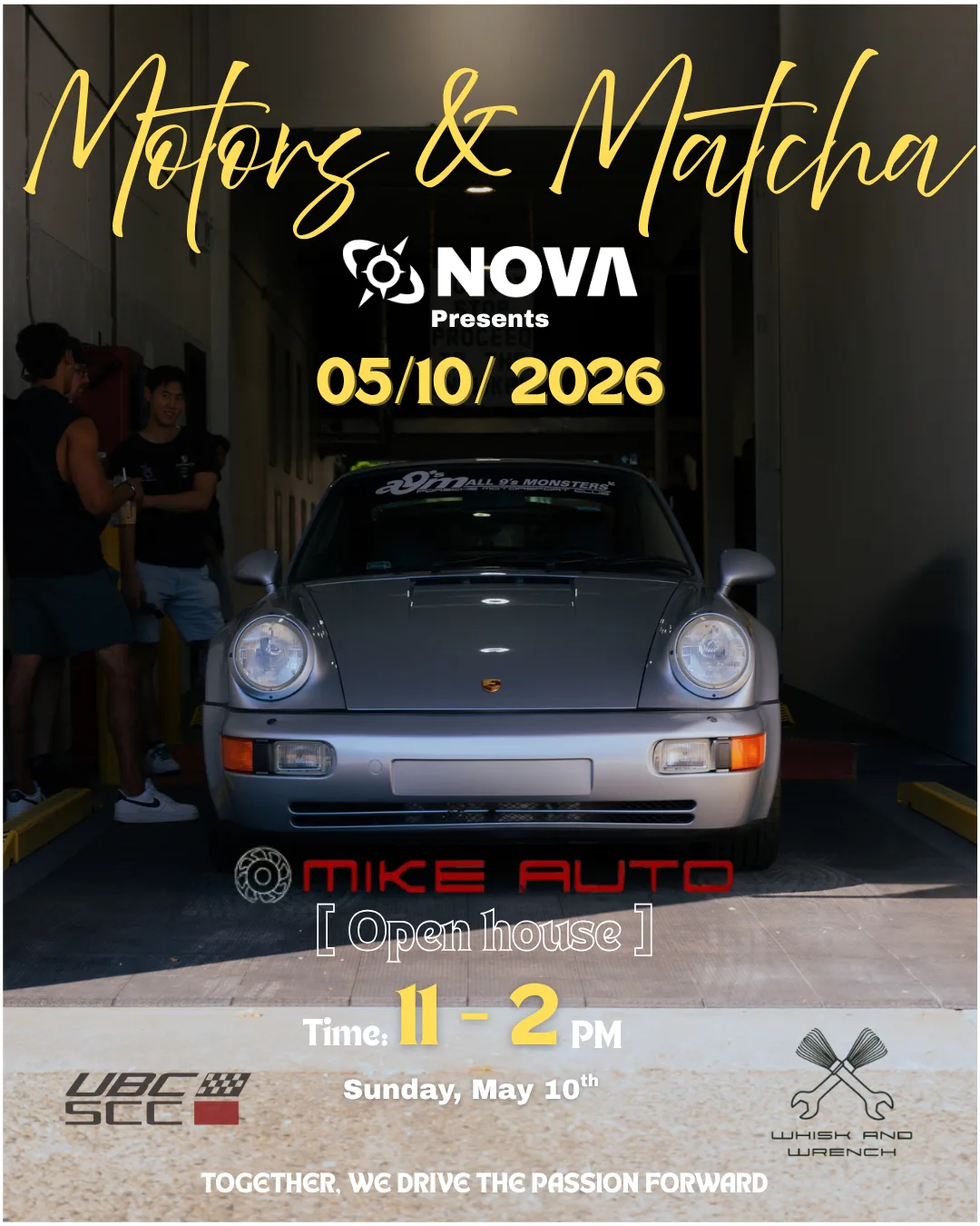 Motors and Matcha Nova event poster with a Porsche at Mike Auto